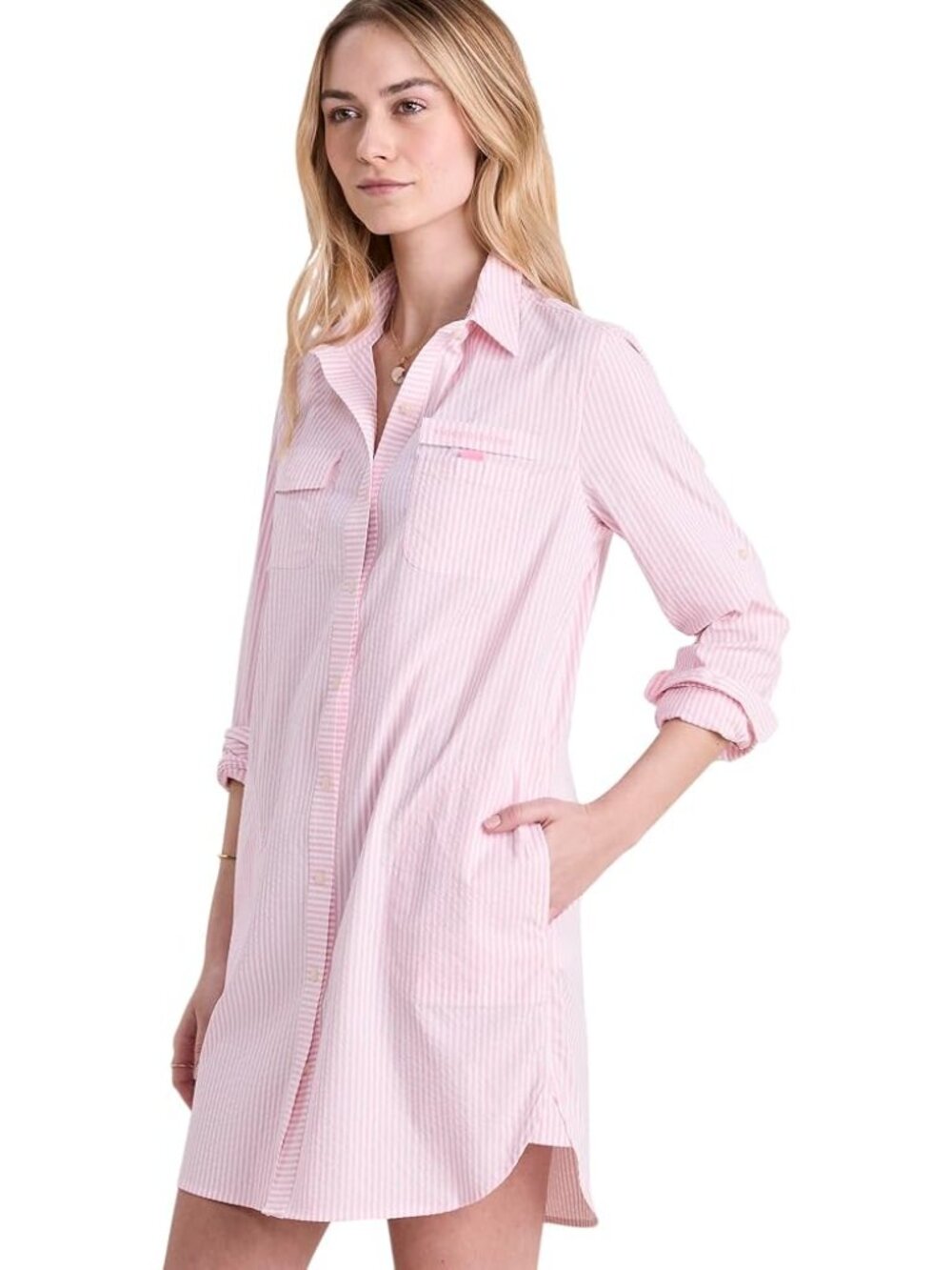 NWT Vineyard Vines Harbor Shirt Cover Up Dress Pink & White Seersucker Stripe 4